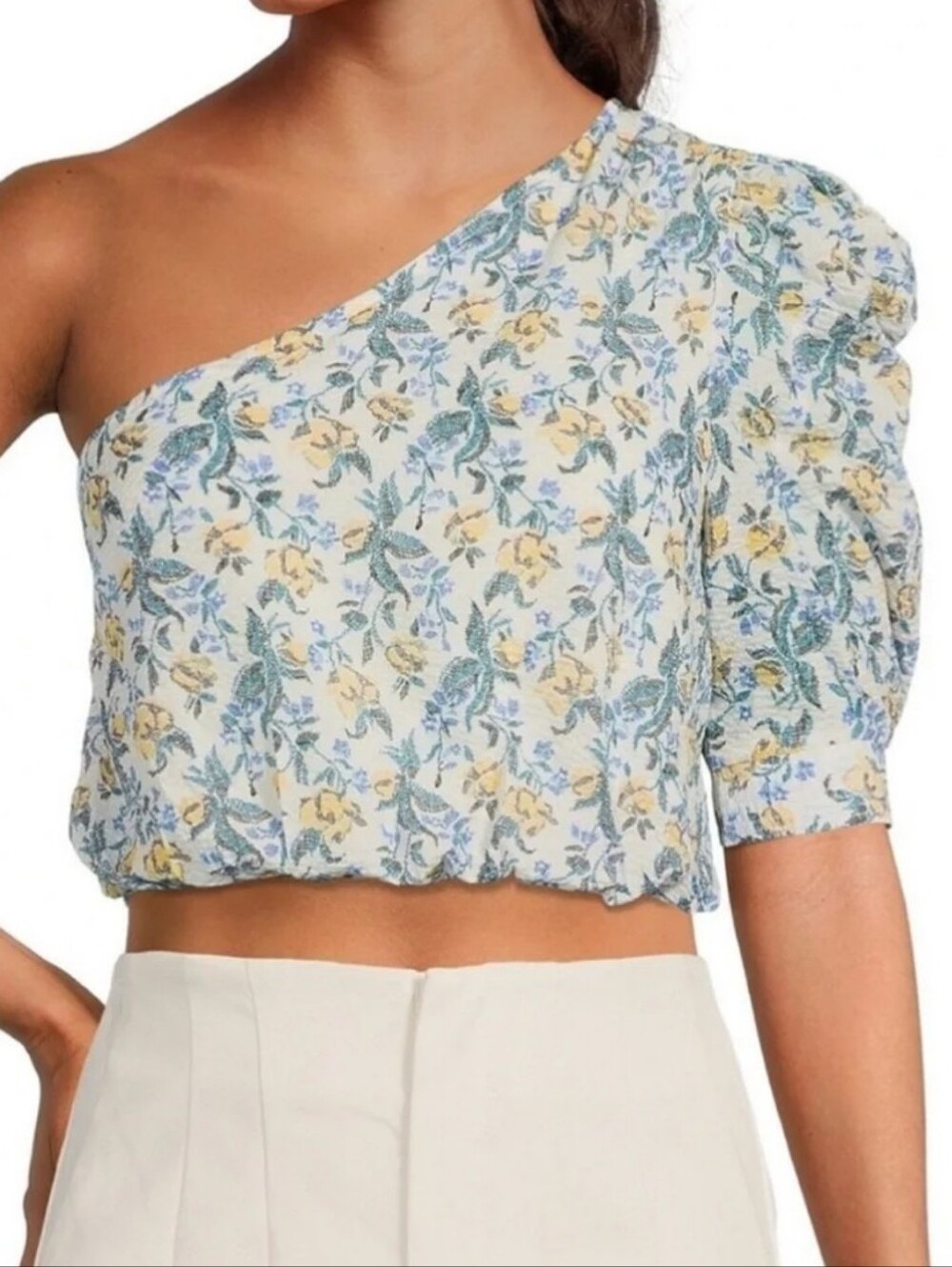 En Saison One-Shoulder Floral Crop Top in White, Yellow and Blue / Size M